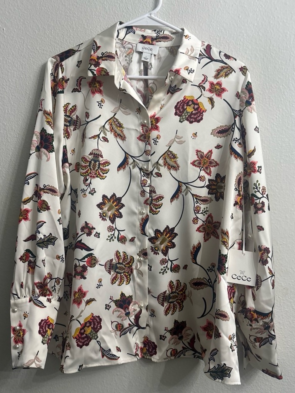 CeCe Cream Floral Button-Down Shirt with Multicolor Blooms